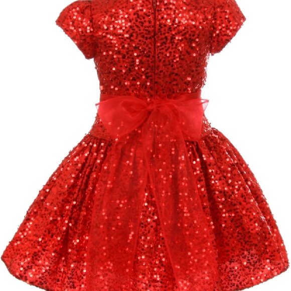 Girls Sequin Embellished Short Sleeved Flowers Girls Dresses Christmas Red New - Picture 2 of 3